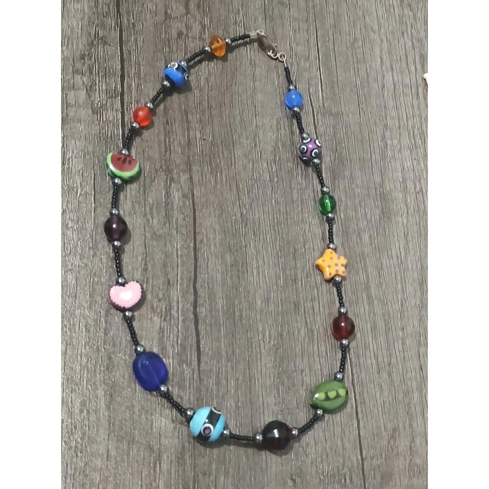 Glass Ceramic Sterling Silver Multicolor Peas Star Heart Beaded Vintage Necklace